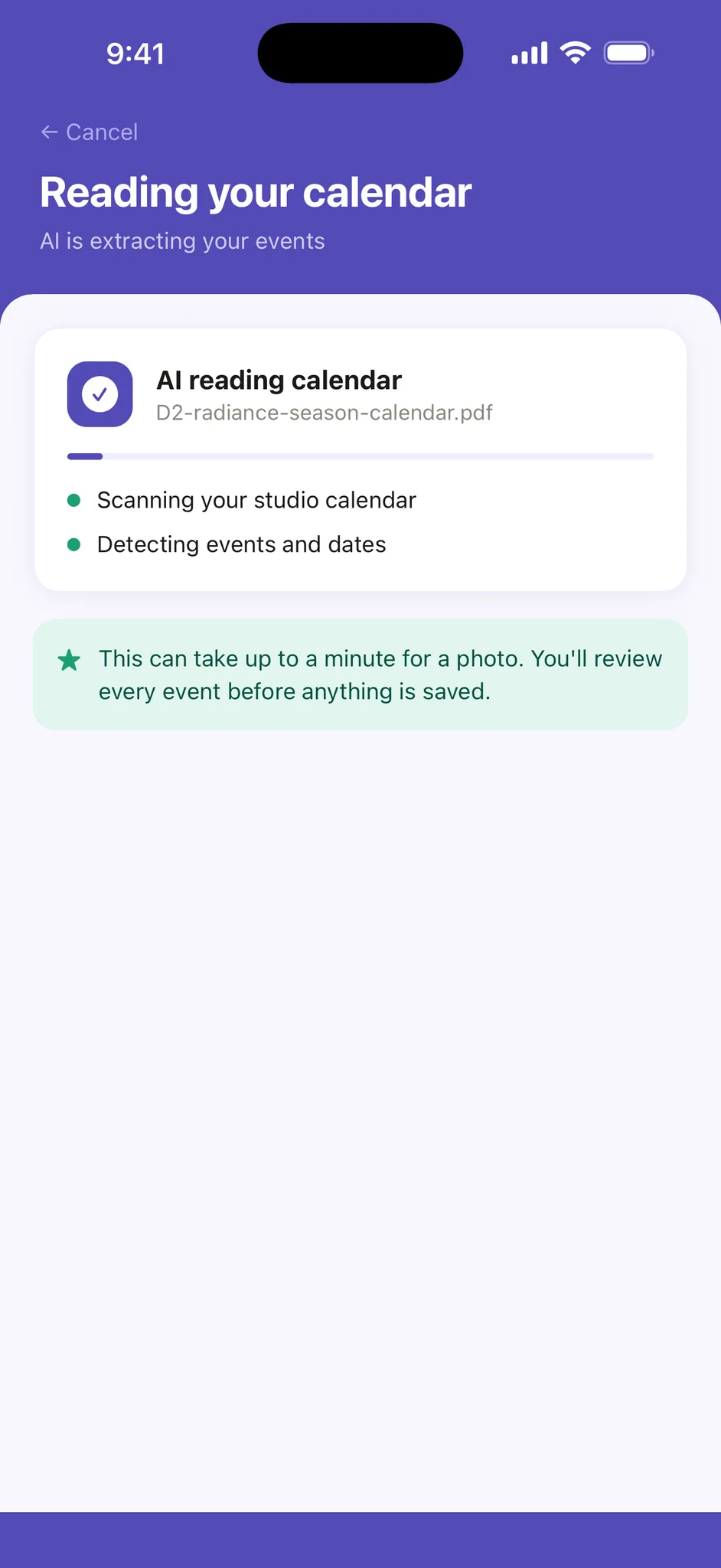 Ovation reading the studio calendar PDF: scanning the calendar and detecting events and dates.