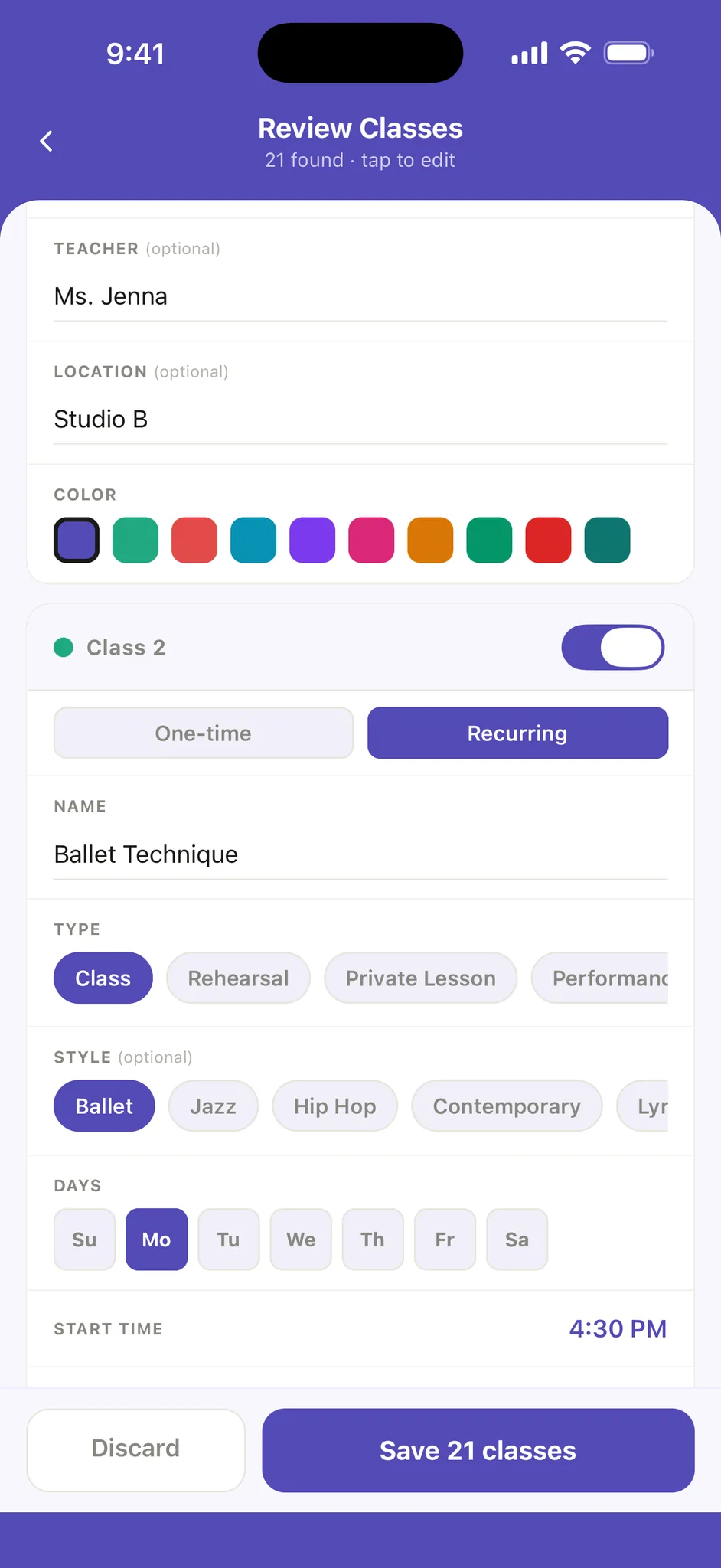 Ovation’s Review Classes screen, 21 found: class 2, Ballet Technique, recurring on Mondays at 4:30 PM, and the Save 21 classes button.