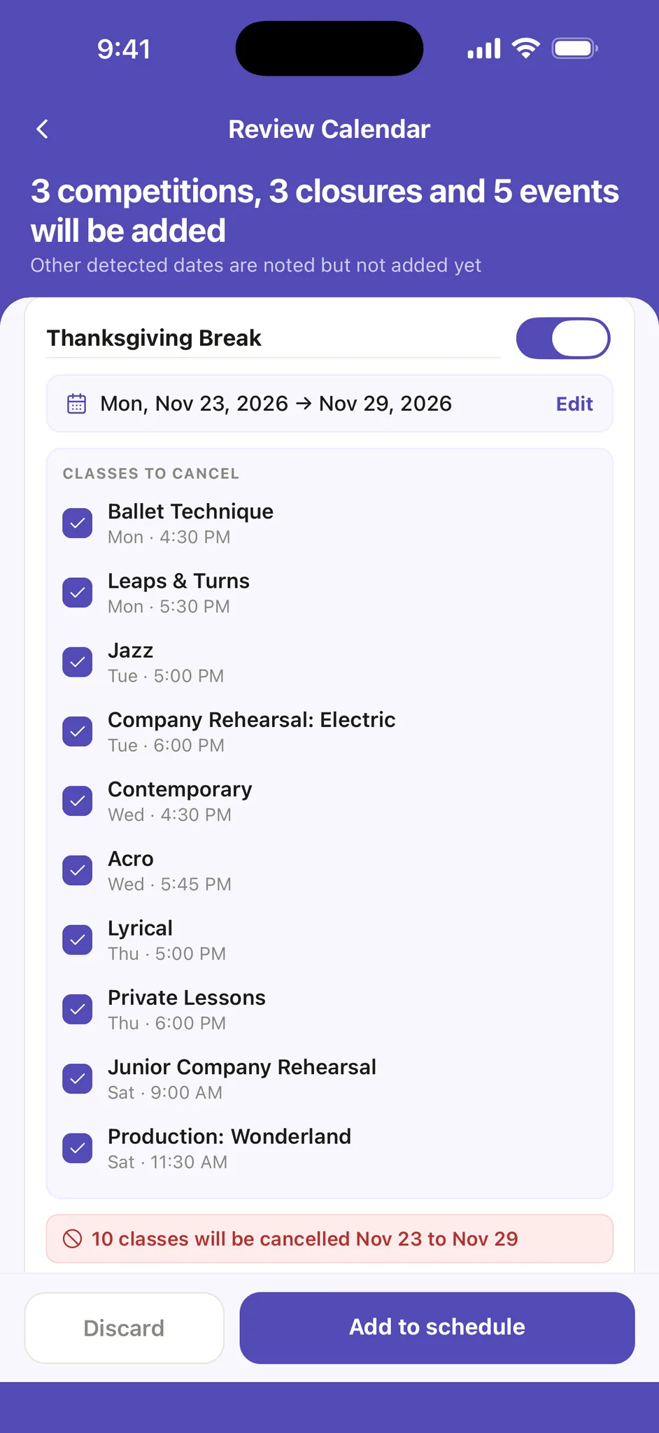 Review Calendar: 3 competitions, 3 closures and 5 events will be added. Thanksgiving Break, November 23 to 29, with its classes to cancel ticked, Ballet Technique to Production: Wonderland.