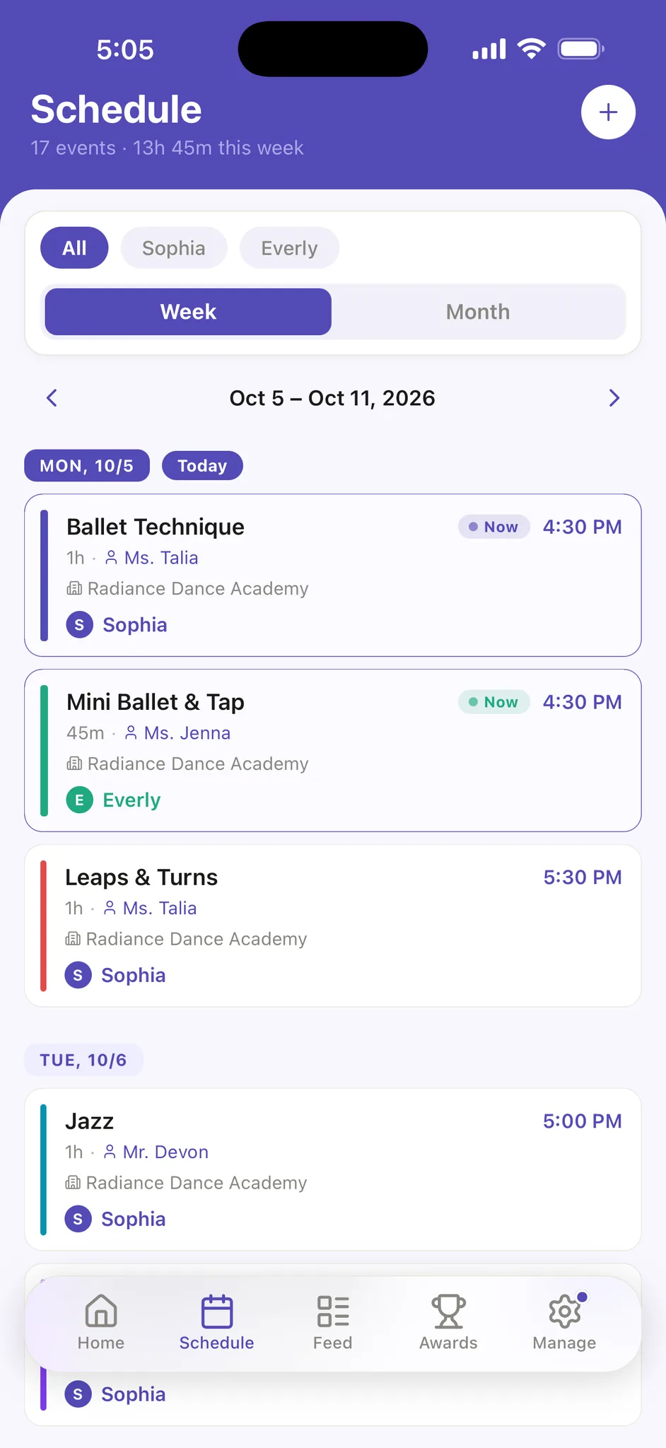 The Ovation Schedule tab, Week view for both dancers: Monday’s Ballet Technique and Mini Ballet & Tap marked Now, then Leaps & Turns and Tuesday’s Jazz, each with its teacher and studio.