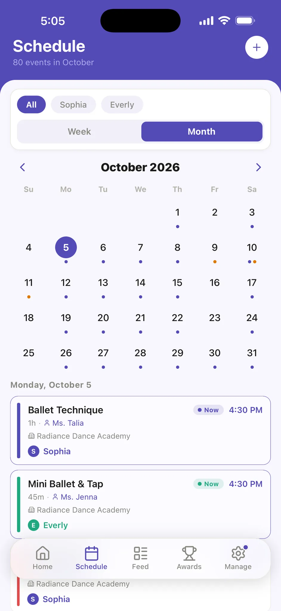 The Schedule tab’s October 2026 month: purple dots on class days, orange dots on the KAR Lawndale weekend, and Monday the 5th’s classes below.
