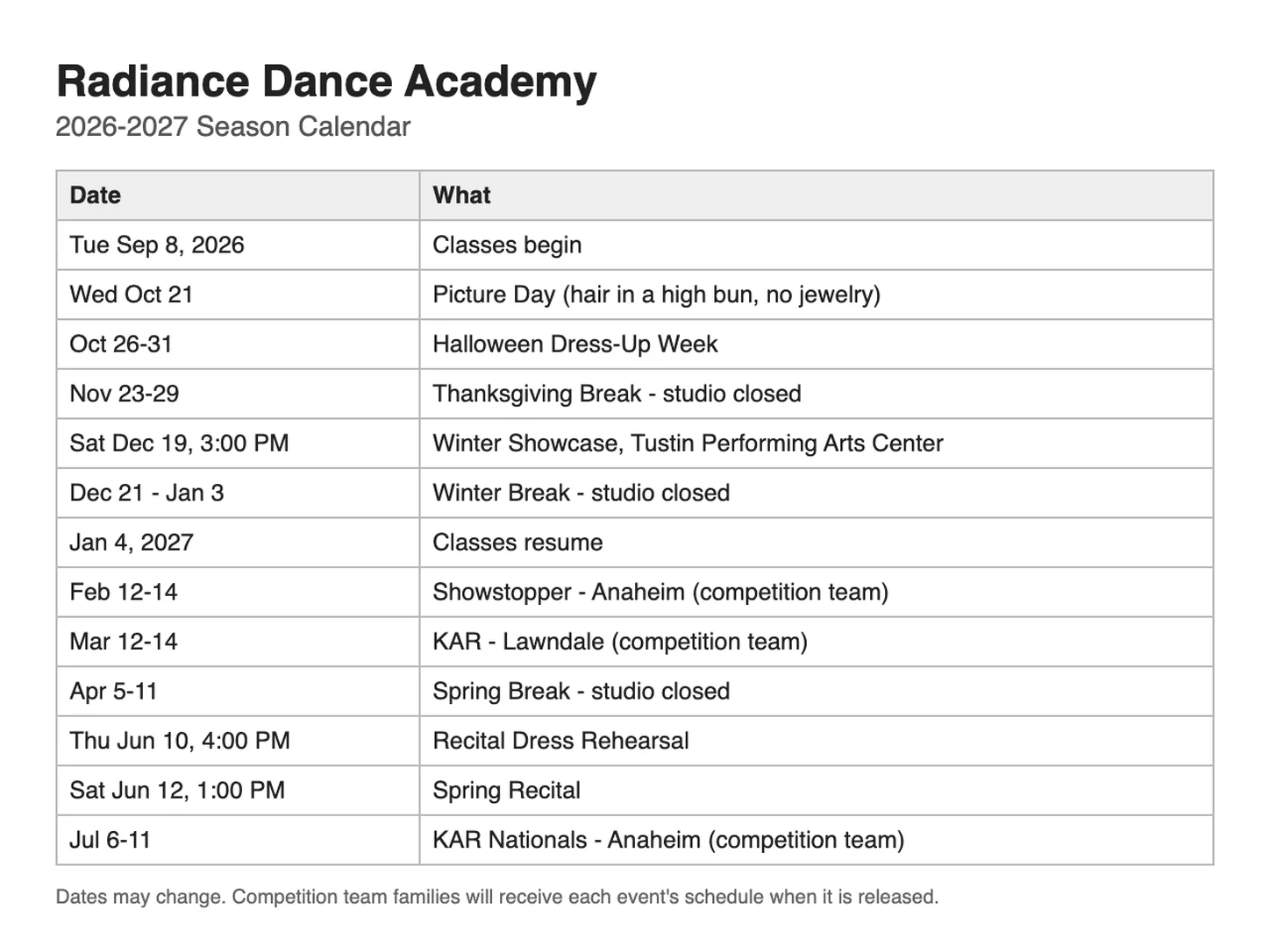 The fictional Radiance Dance Academy 2026–2027 season calendar: classes begin, Picture Day, Thanksgiving, winter and spring breaks, the Winter Showcase, three competition weekends, the recital dress rehearsal and the Spring Recital.