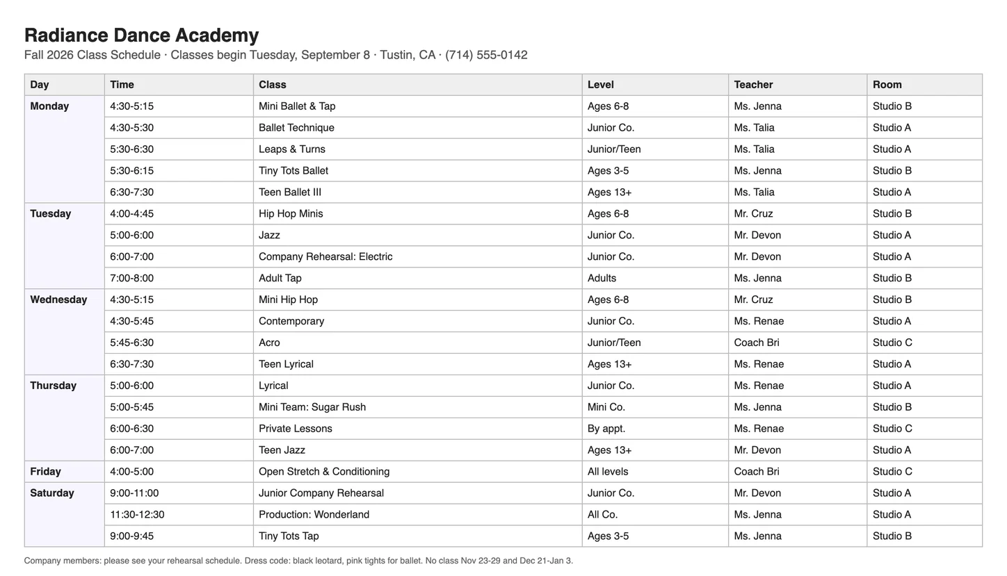 The fictional Radiance Dance Academy Fall 2026 class schedule: each day’s classes with their times, levels, teachers and rooms.