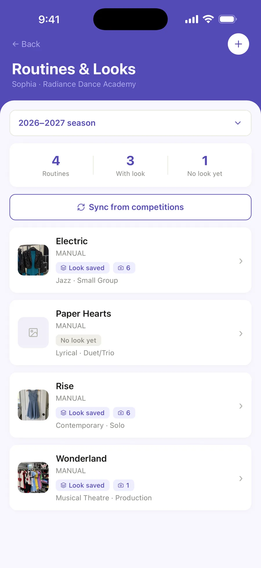 Sophia’s Routines & Looks for the 2026–2027 season: 4 routines, 3 with a look and 1 without, the Sync from competitions button, and Electric, Paper Hearts, Rise and Wonderland.