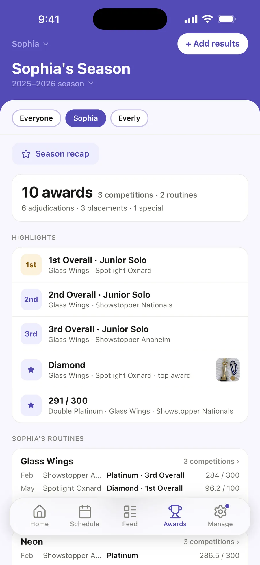 Sophia’s 2025–2026 season on the Awards tab: 10 awards, highlights led by 1st Overall Junior Solo for Glass Wings at Spotlight Oxnard, and Glass Wings’ three competitions.