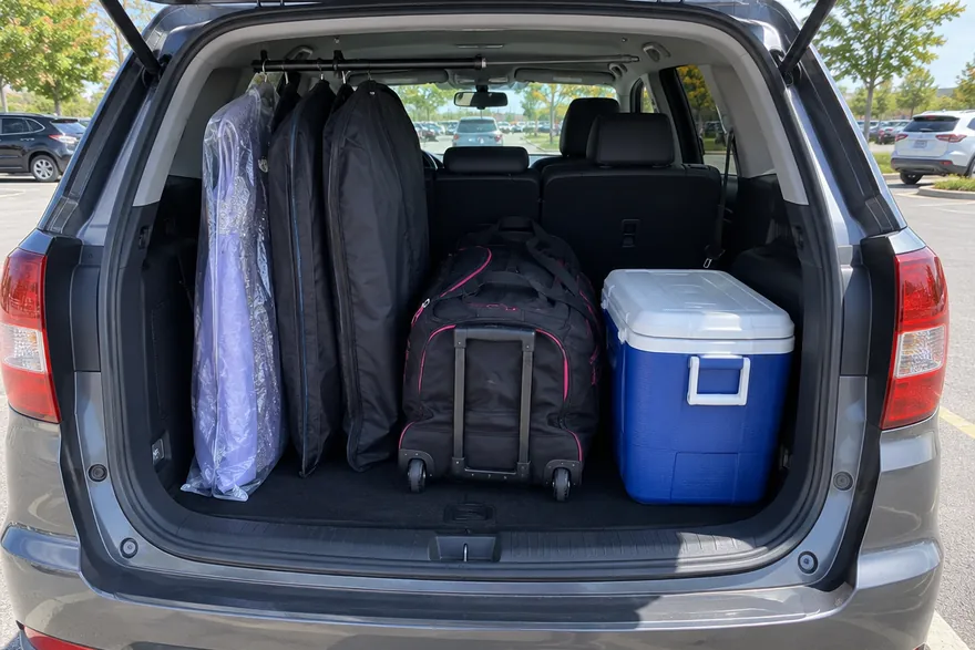 An open car trunk packed with garment bags hanging flat, a rolling backpack and a blue cooler.
