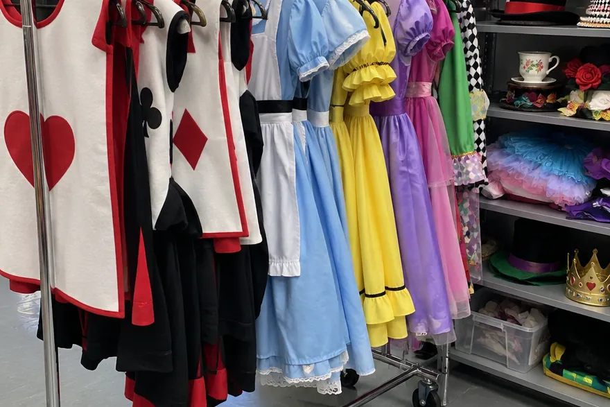 A rolling rack of colorful costumes beside shelves of hats, crowns and accessories in a storage room.