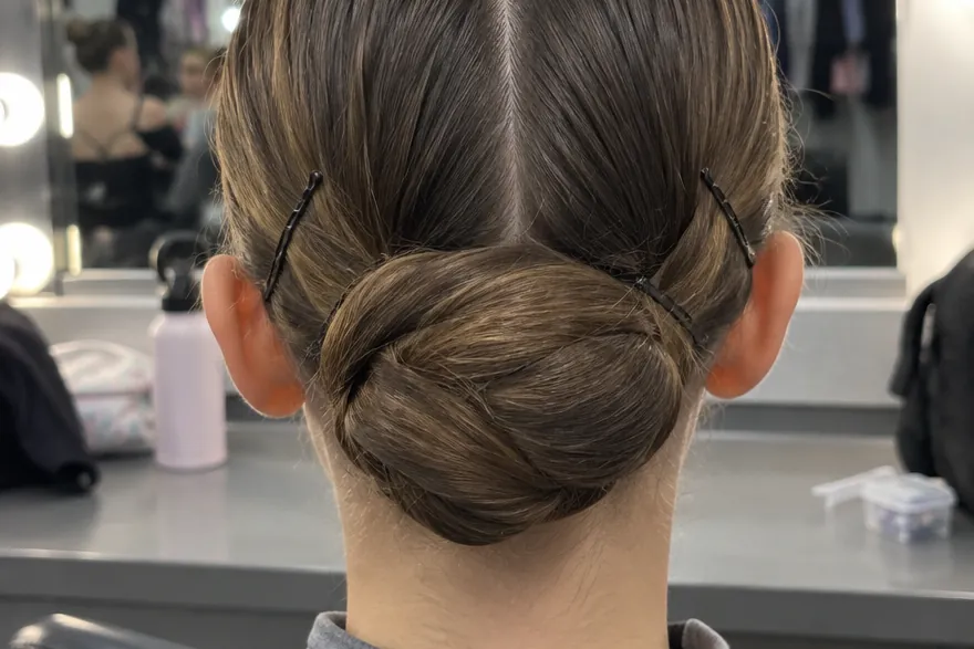 The back of a dancer’s head with a smooth low bun and a center part, in front of a dressing-room mirror.