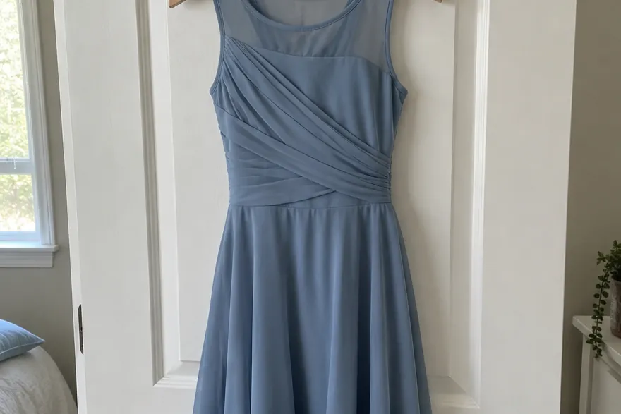 A dusty blue chiffon dress with a sheer neckline and a wrapped bodice, hanging on a white door.