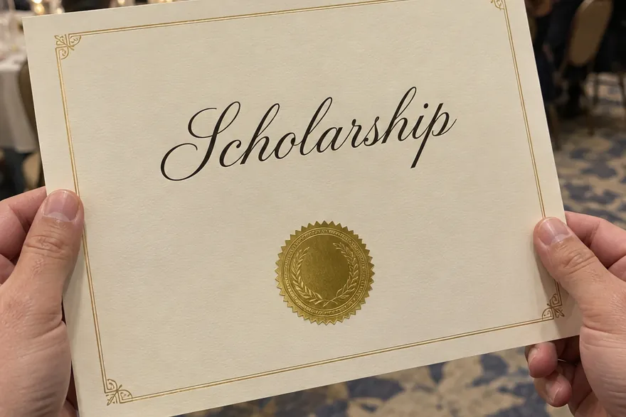 Two hands holding up a cream scholarship certificate with a gold seal in a convention ballroom.