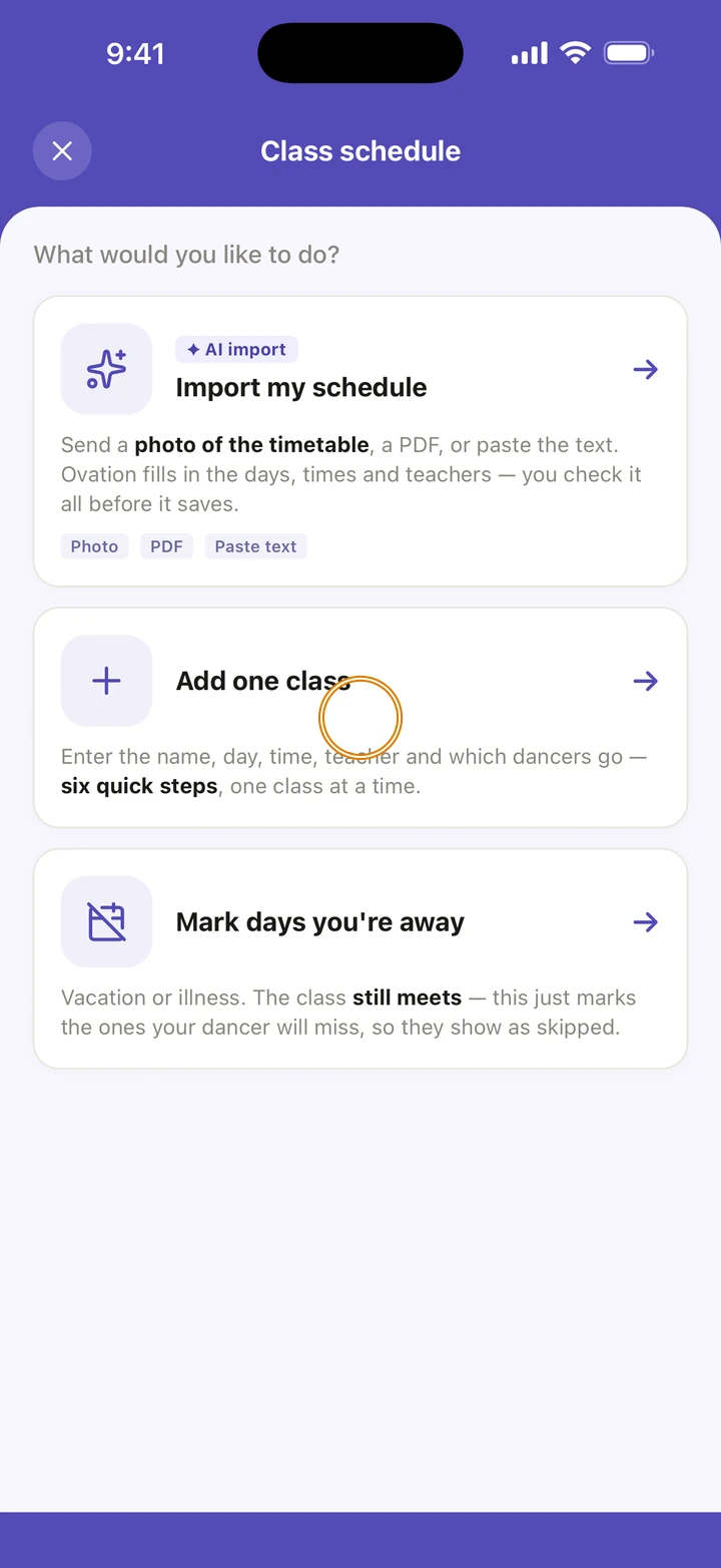The Class schedule screen with three choices, Import my schedule, Add one class and Mark days you're away, with Add one class circled.