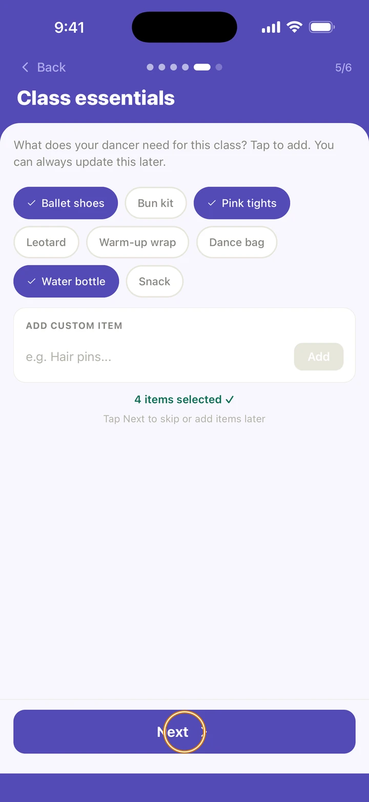 Step 5 of 6, Class essentials, with Ballet shoes, Pink tights and Water bottle selected among the suggestions, 4 items in all, and Next circled.