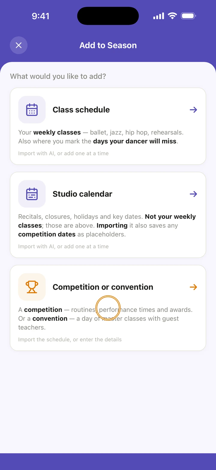The Add to Season screen with Class schedule, Studio calendar and Competition or convention, with Competition or convention circled.