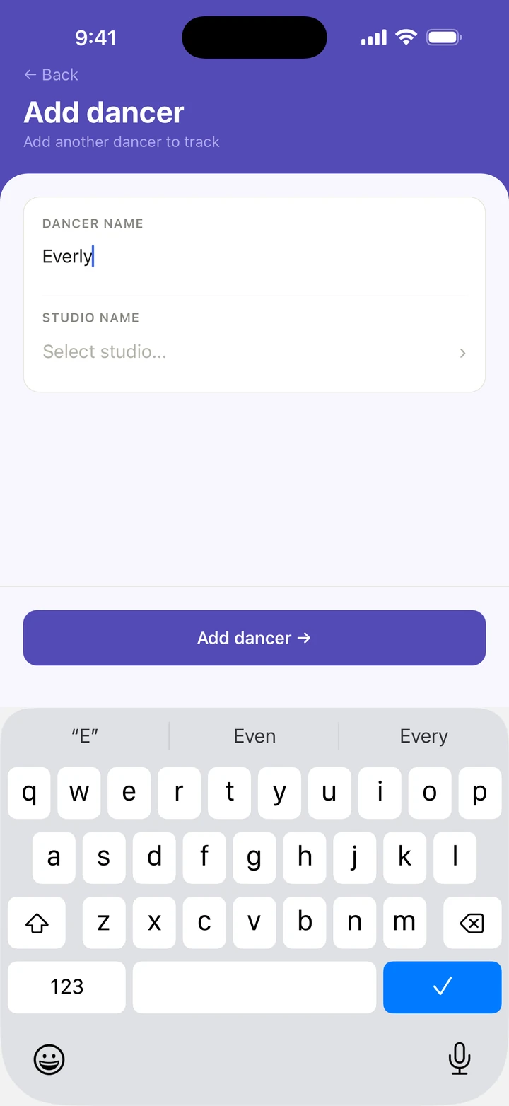 Add dancer with Everly typed under DANCER NAME, Select studio... under STUDIO NAME, and the Add dancer button.