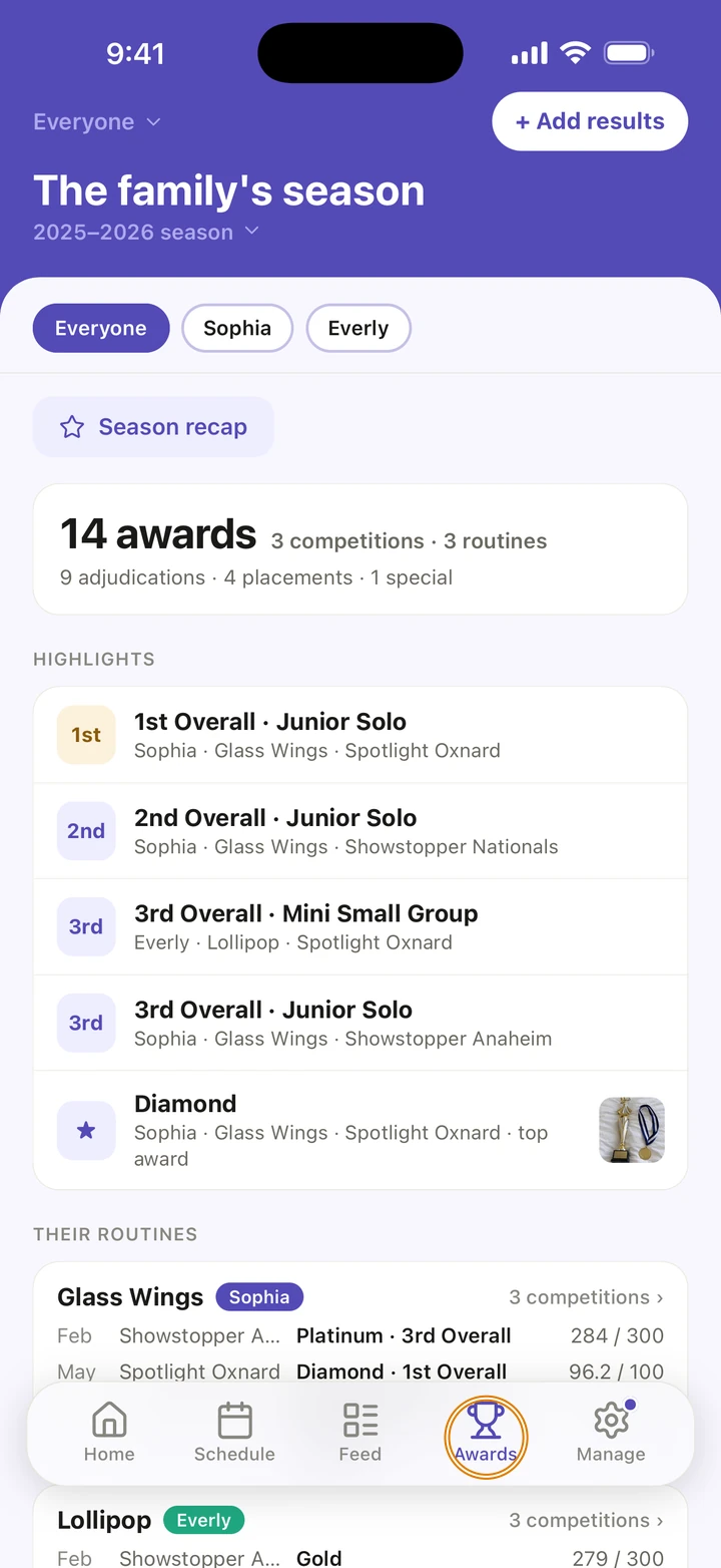 The Awards tab, circled in the tab bar, showing The family's season for 2025–2026 with Everyone, Sophia and Everly at the top, 14 awards and the season's highlights.