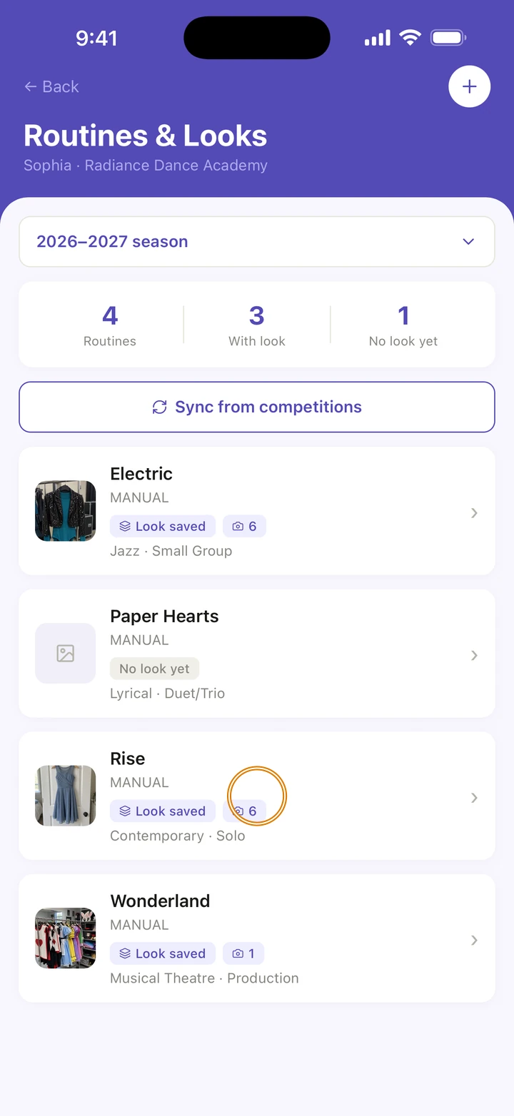 Sophia's Routines & Looks for the 2026–2027 season, listing Electric, Paper Hearts, Rise and Wonderland, with Rise circled.