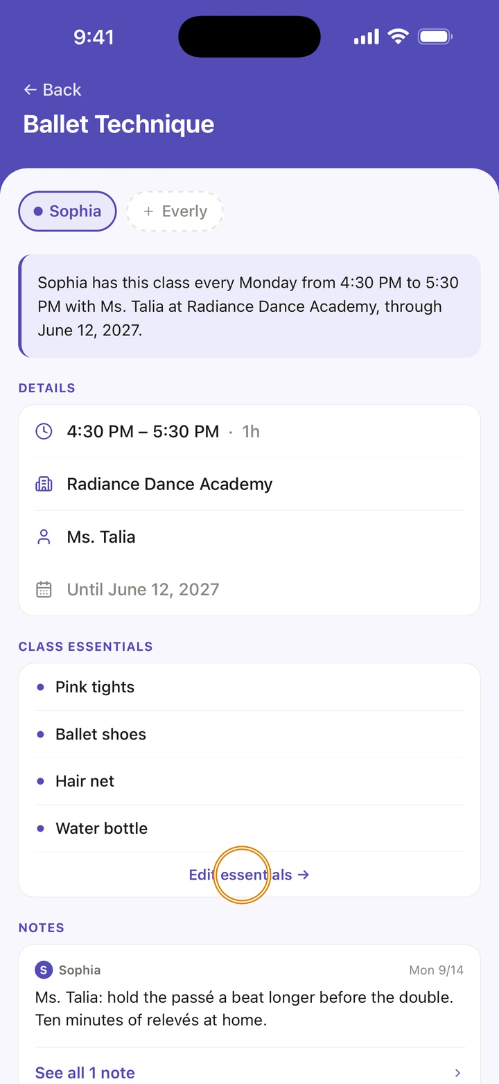 The Ballet Technique class page, with Pink tights, Ballet shoes, Hair net and Water bottle under CLASS ESSENTIALS and Edit essentials circled.