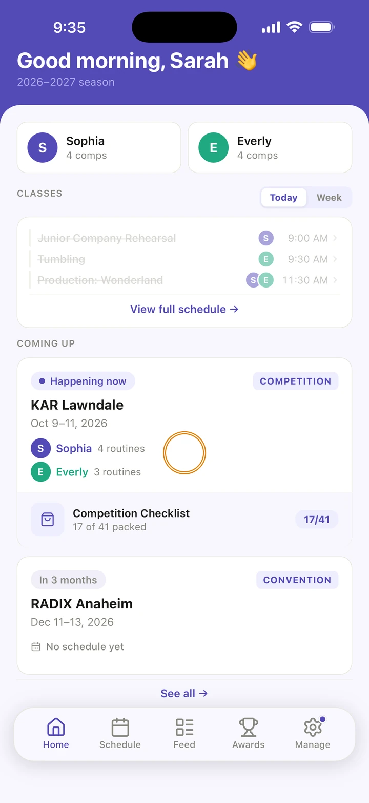 Home, with the KAR Lawndale card under COMING UP, marked Happening now, circled, and its Competition Checklist below.