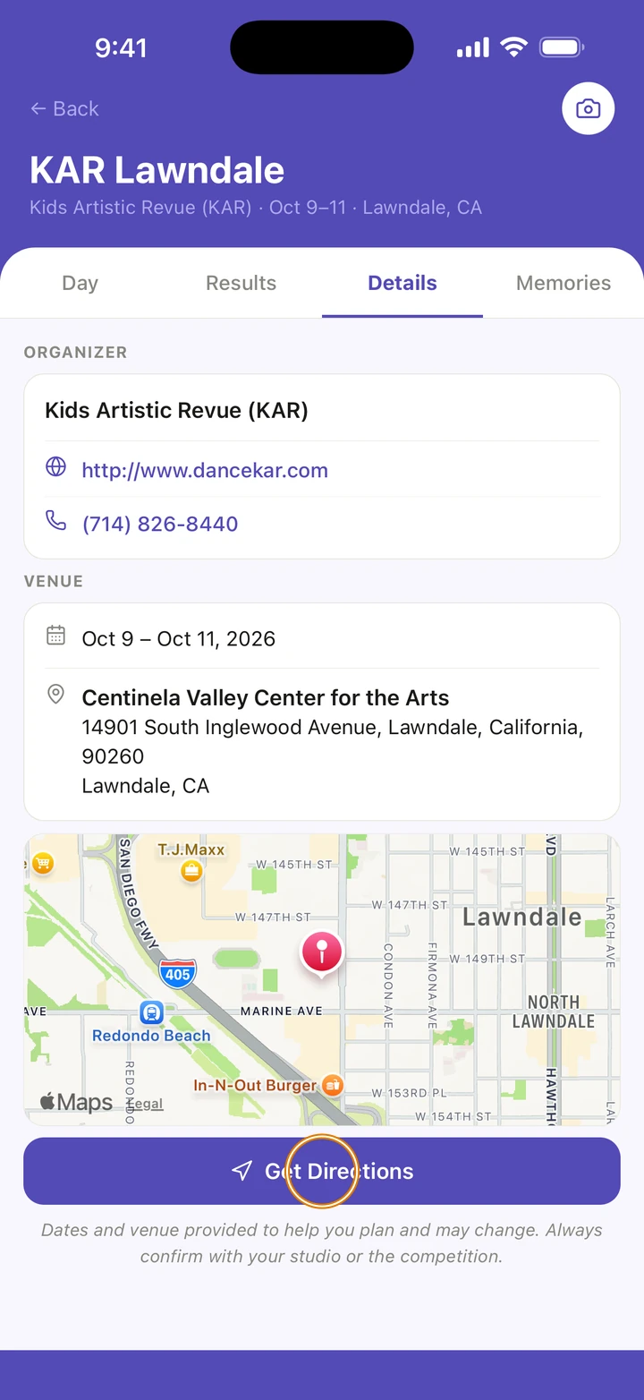 The Details tab of KAR Lawndale, with the organizer, the venue's dates and address, a map, and Get Directions circled.