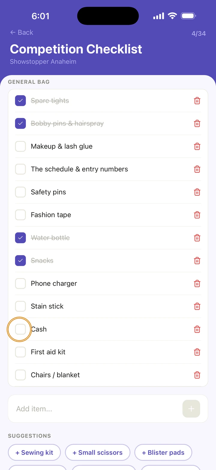 The GENERAL BAG list for Showstopper Anaheim with all thirteen starting items, each with a bin, Spare tights, Bobby pins & hairspray, Water bottle and Snacks ticked, and the tick box next to Cash circled. Below it, the Add item field and SUGGESTIONS such as Sewing kit, Small scissors and Blister pads.