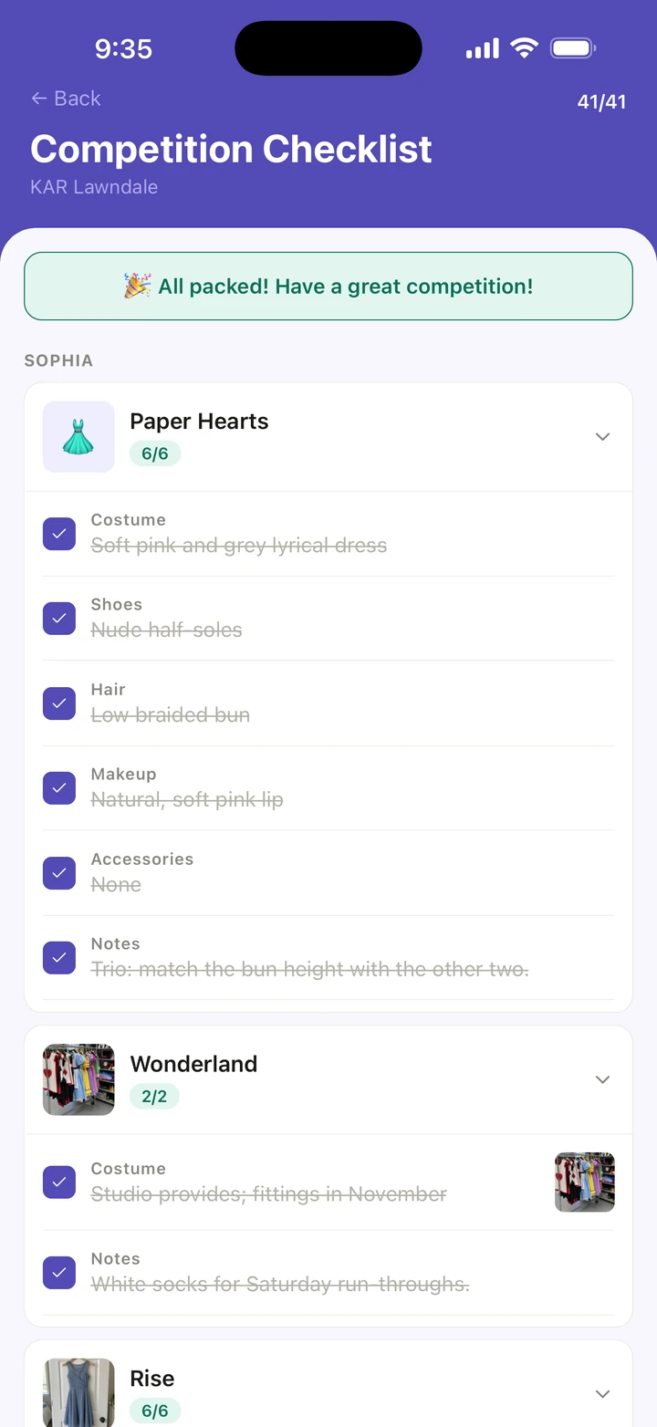 The Competition Checklist at 41/41, saying All packed! Have a great competition!, with Sophia's Paper Hearts and Wonderland looks ticked.