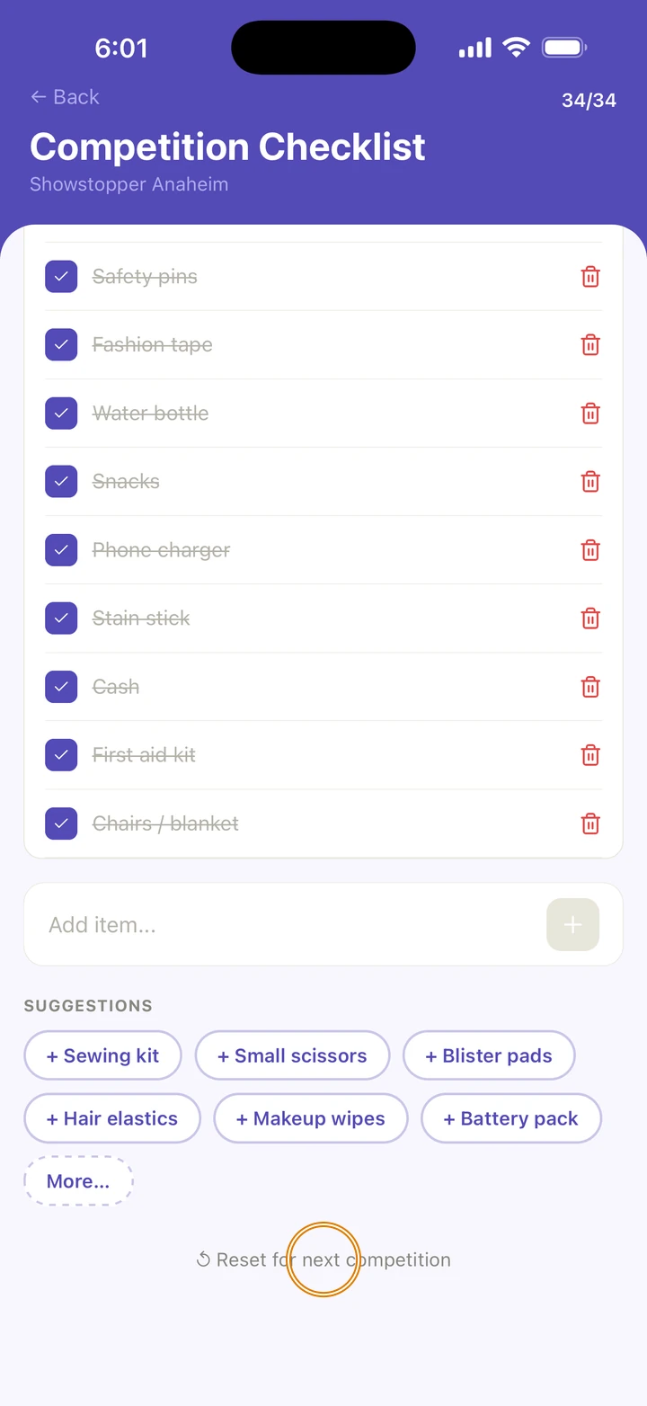 The bottom of the Competition Checklist at 34/34 with every GENERAL BAG item ticked, then the Add item field, SUGGESTIONS and More…, and Reset for next competition circled below them.