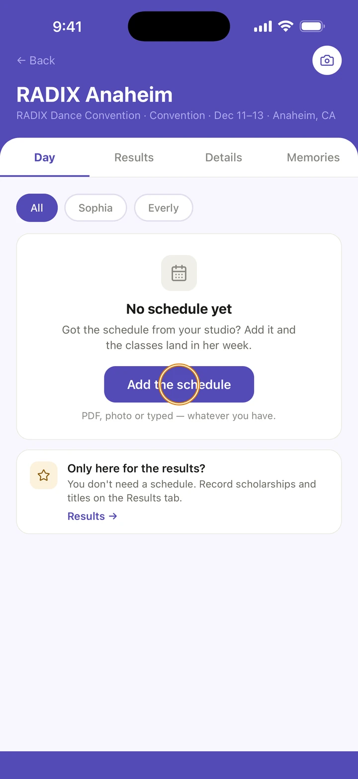 The RADIX Anaheim convention's Day tab, saying No schedule yet, with Add the schedule circled.