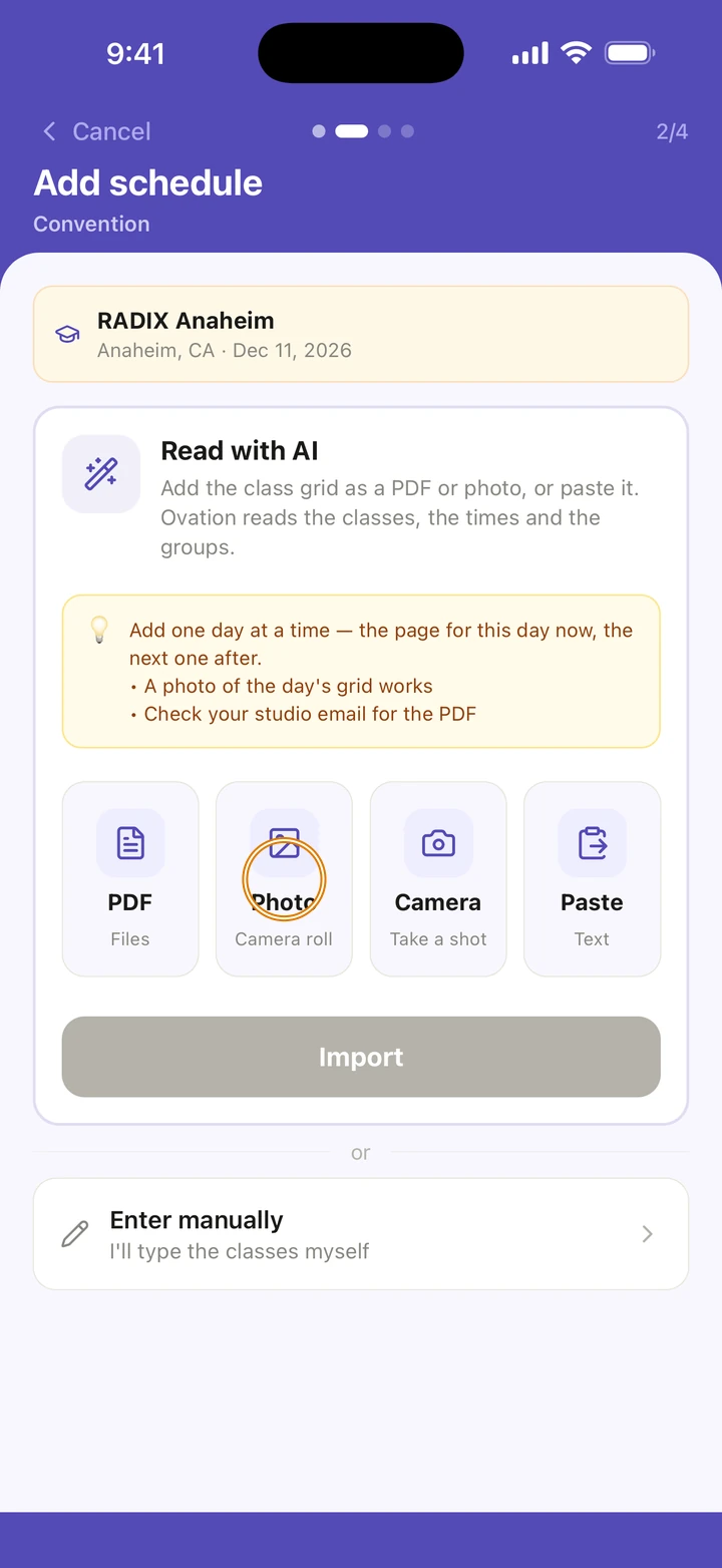Add schedule for the convention: Read with AI, the tip to add one day at a time, and the PDF, Photo, Camera and Paste tiles, with Photo circled.