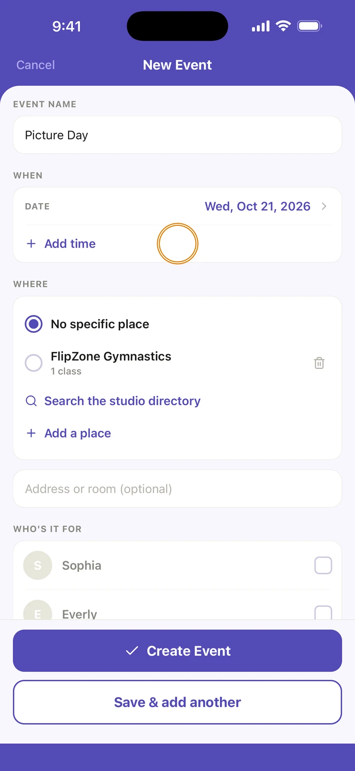 New Event with the date Wed, Oct 21, 2026 under WHEN, and Add time circled.