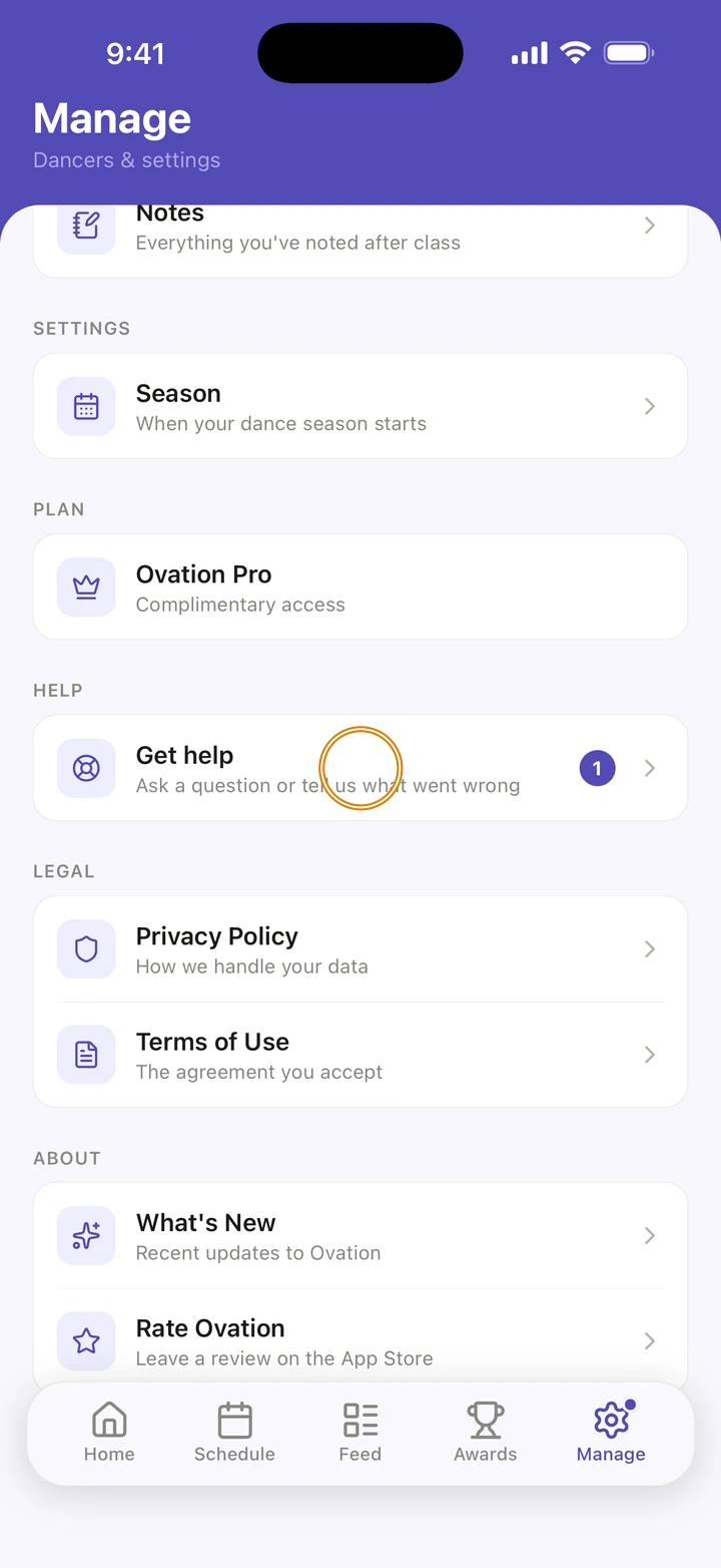 Manage, with Get help under HELP circled, showing 1 unread reply.