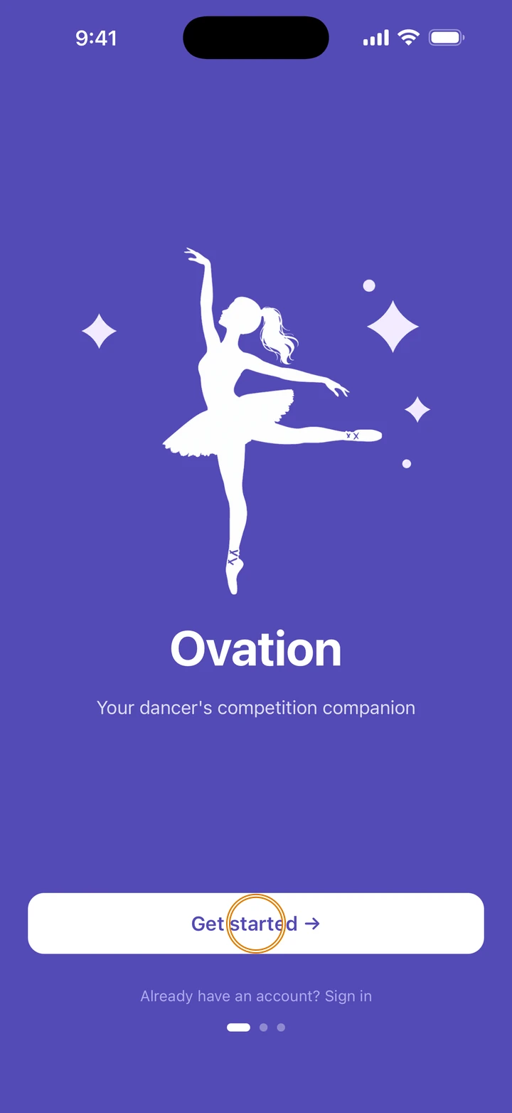 The Ovation welcome screen, Your dancer's competition companion, with Get started circled.