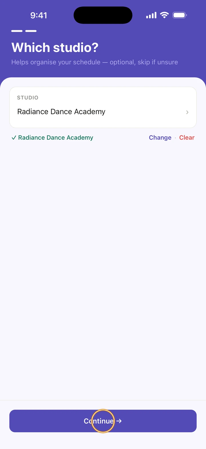 Which studio? with Radiance Dance Academy picked under STUDIO, and Continue circled.