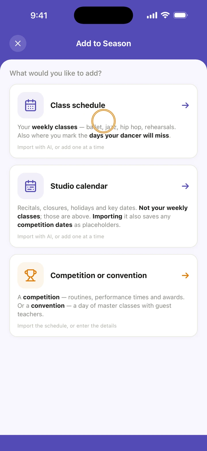 Add to Season with Class schedule, Studio calendar and Competition or convention, and Class schedule circled.