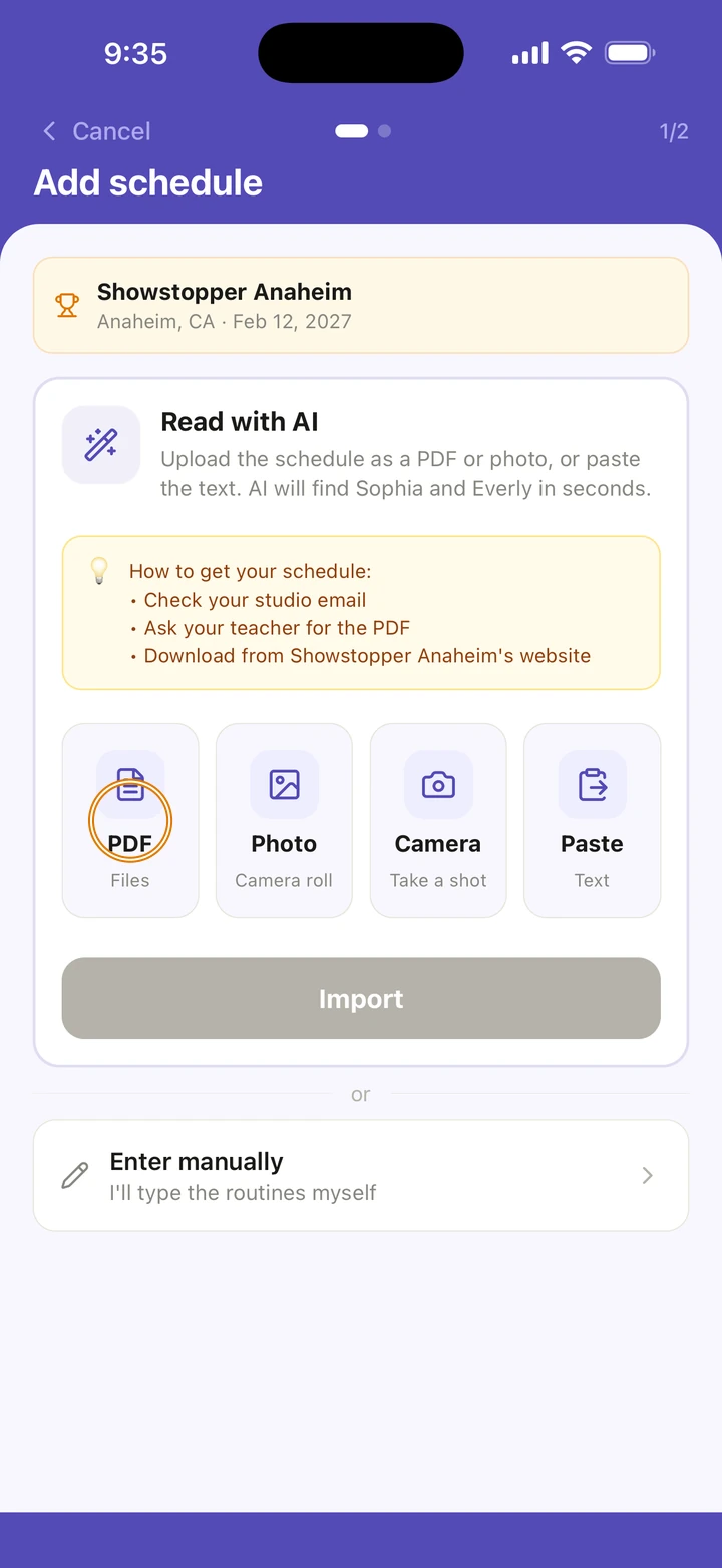 Add schedule for Showstopper Anaheim: Read with AI, tips for getting the schedule, and the PDF, Photo, Camera and Paste tiles, with PDF circled.