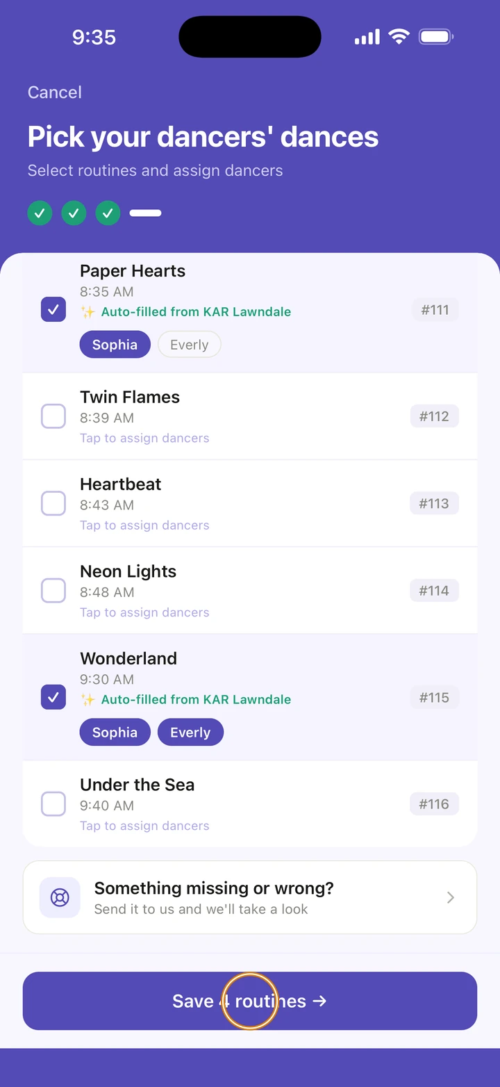 Further down Pick your dancers' dances, with Paper Hearts and Wonderland ticked, and Save 4 routines circled at the bottom.