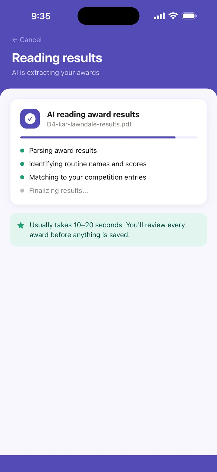 Reading results, with AI reading award results working through its list, and Usually takes 10–20 seconds.