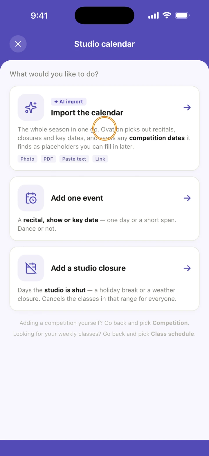 The Studio calendar screen with Import the calendar, marked AI import, circled above Add one event and Add a studio closure.