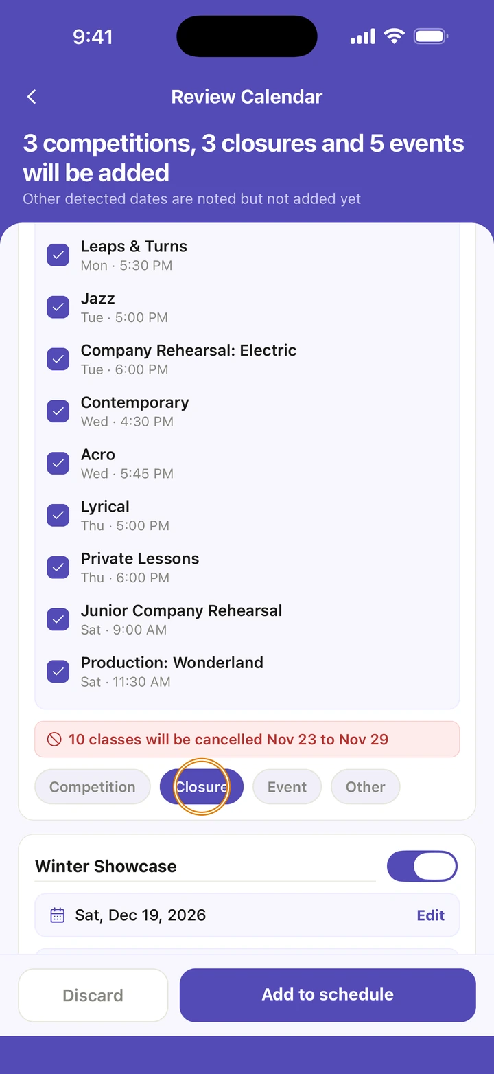 Review Calendar: 3 competitions, 3 closures and 5 events will be added. A closure's classes end with 10 classes will be cancelled Nov 23 to Nov 29, and its type is Closure, circled among Competition, Event and Other.