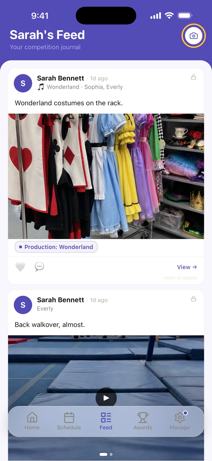 Sarah's Feed with recent memories, and the camera button at the top right circled.