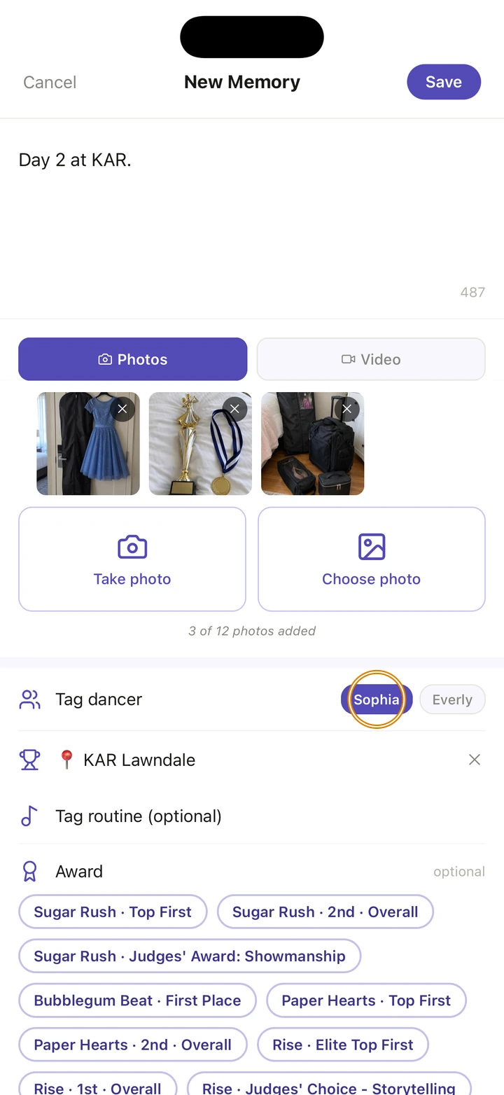 New Memory with three photos and the caption, Sophia selected under Tag dancer and circled, and KAR Lawndale tagged.