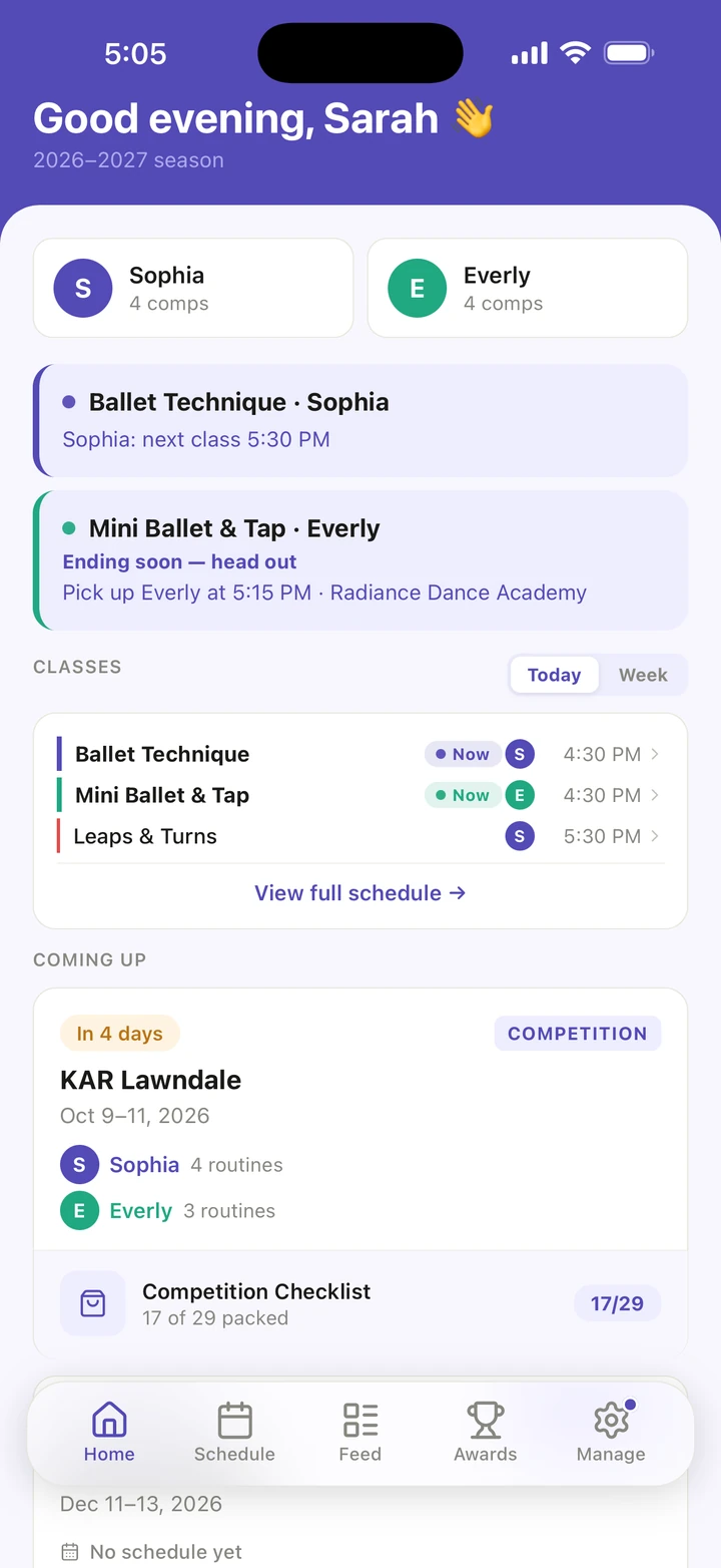 Home: Sophia and Everly at the top, Ballet Technique and Mini Ballet & Tap happening now, today's CLASSES, and KAR Lawndale under COMING UP.
