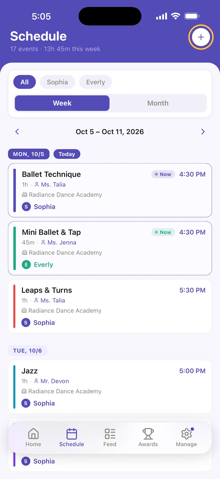 The Schedule tab's week, Oct 5 – Oct 11, 2026, with Week and Month at the top and + circled at the top right.