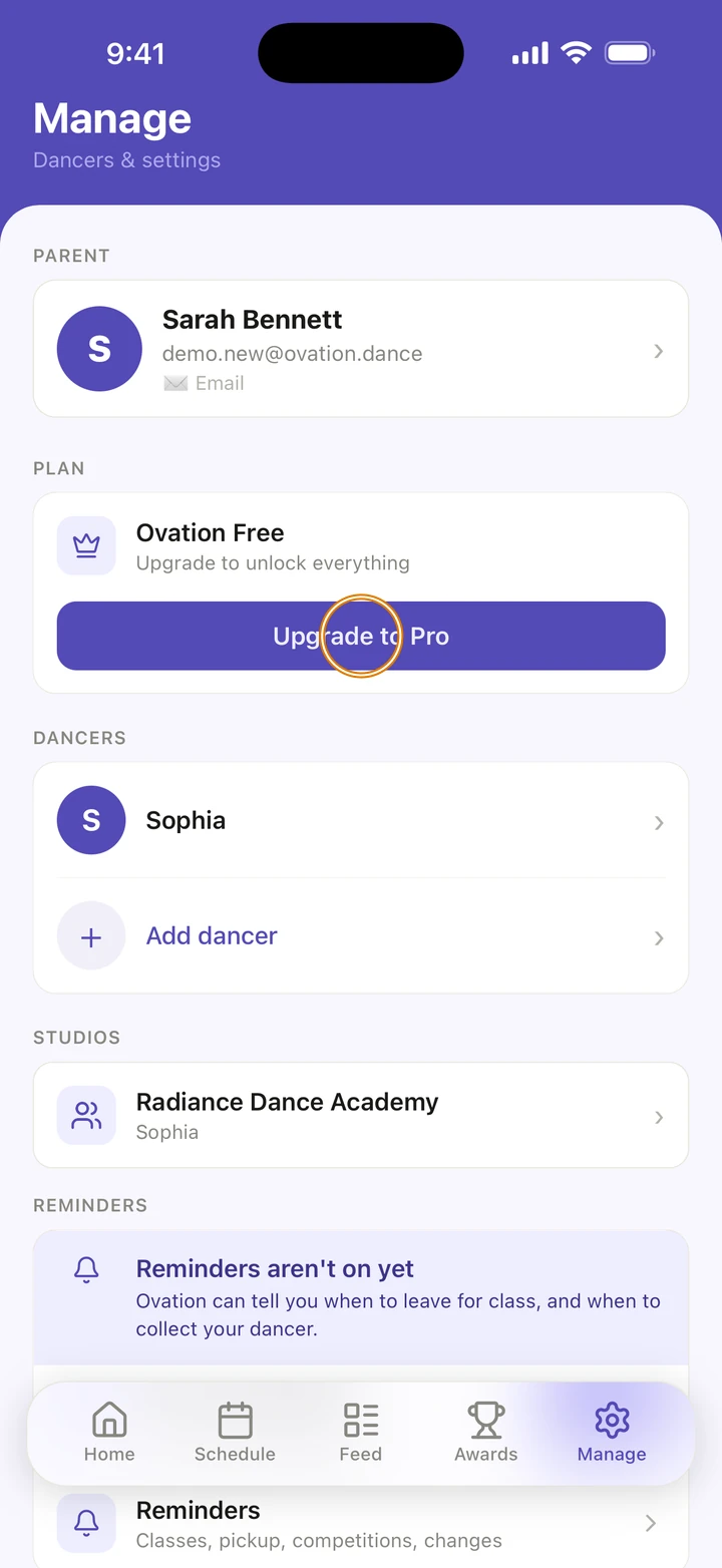 Manage on the free plan, Ovation Free, Upgrade to unlock everything, with Upgrade to Pro circled.