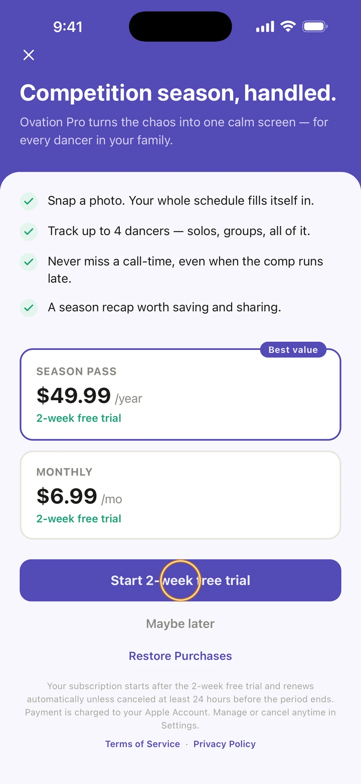 The bottom of the Ovation Pro screen with Start 2-week free trial circled, above Maybe later, Restore Purchases and the renewal terms.