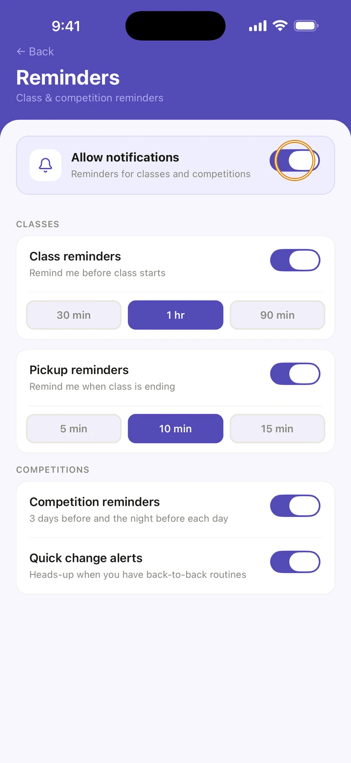The Reminders screen with Allow notifications switched on and circled.