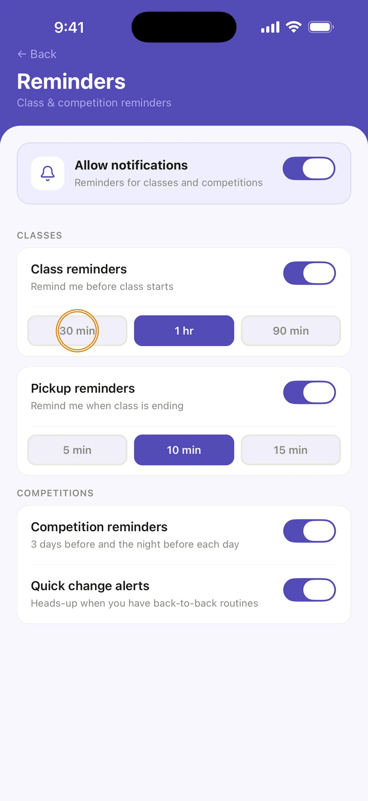 Reminders with Class reminders on and the choices 30 min, 1 hr and 90 min, with 30 min circled.