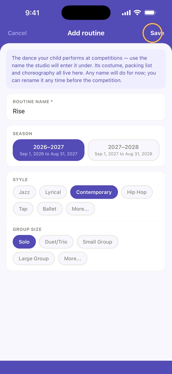Add routine with the name Rise, the season 2026–2027, the style Contemporary and the group size Solo, and Save circled.