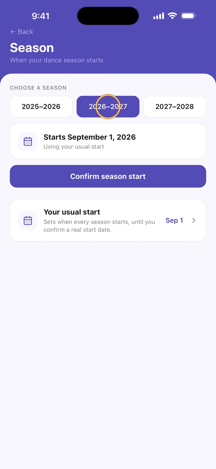 The Season screen with 2025–2026, 2026–2027 and 2027–2028, 2026–2027 circled and starting September 1, 2026, above Confirm season start.