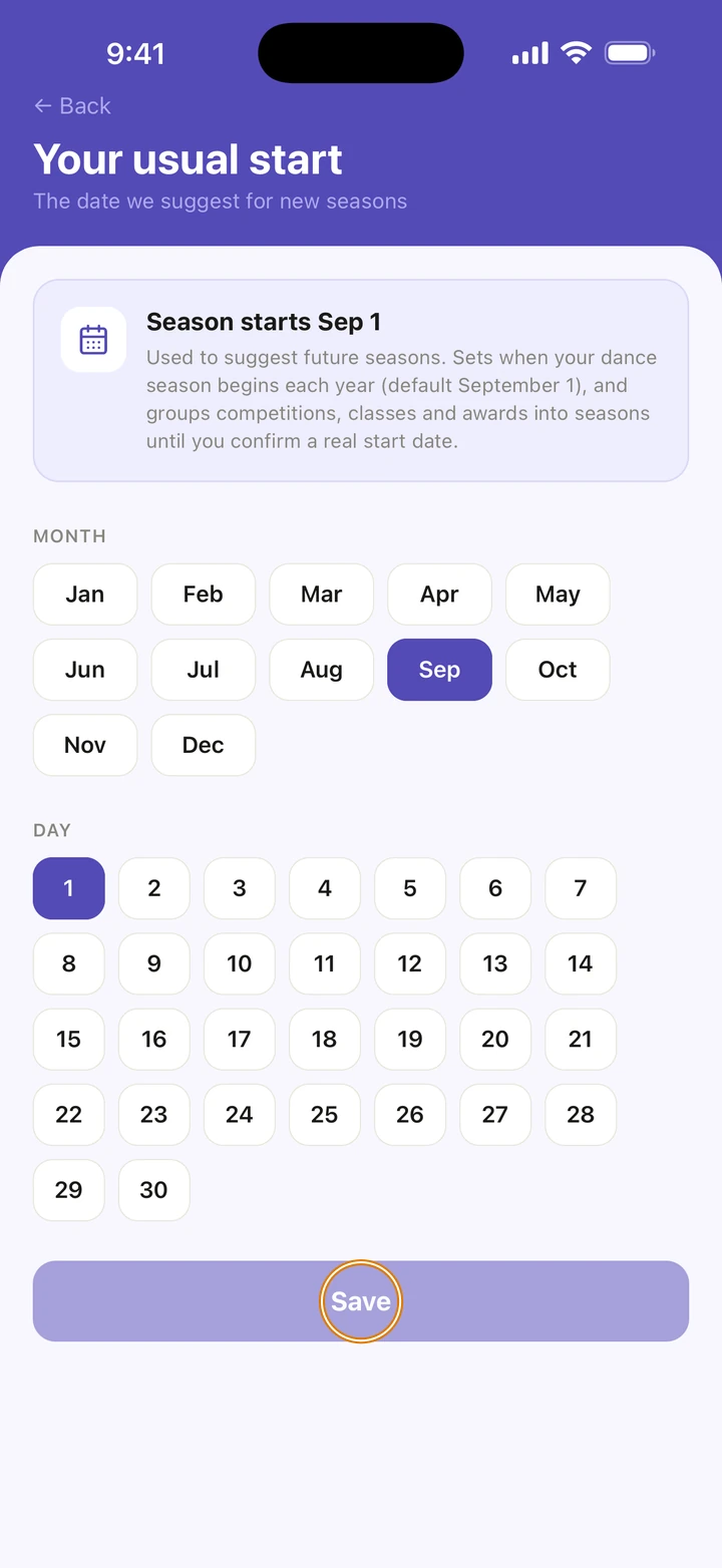 Your usual start with Sep chosen under MONTH and 1 under DAY, and Save circled.