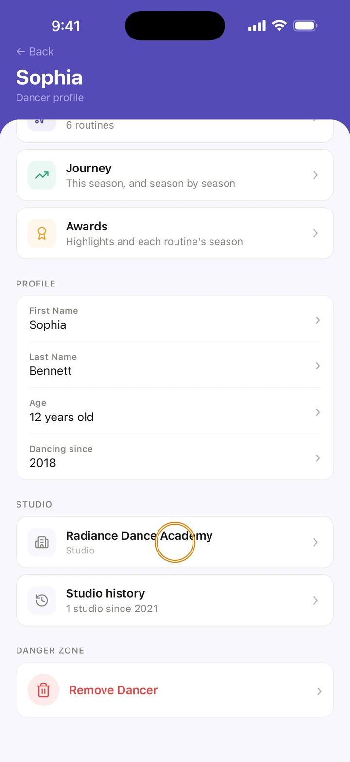 Sophia's dancer profile with Radiance Dance Academy under STUDIO circled.